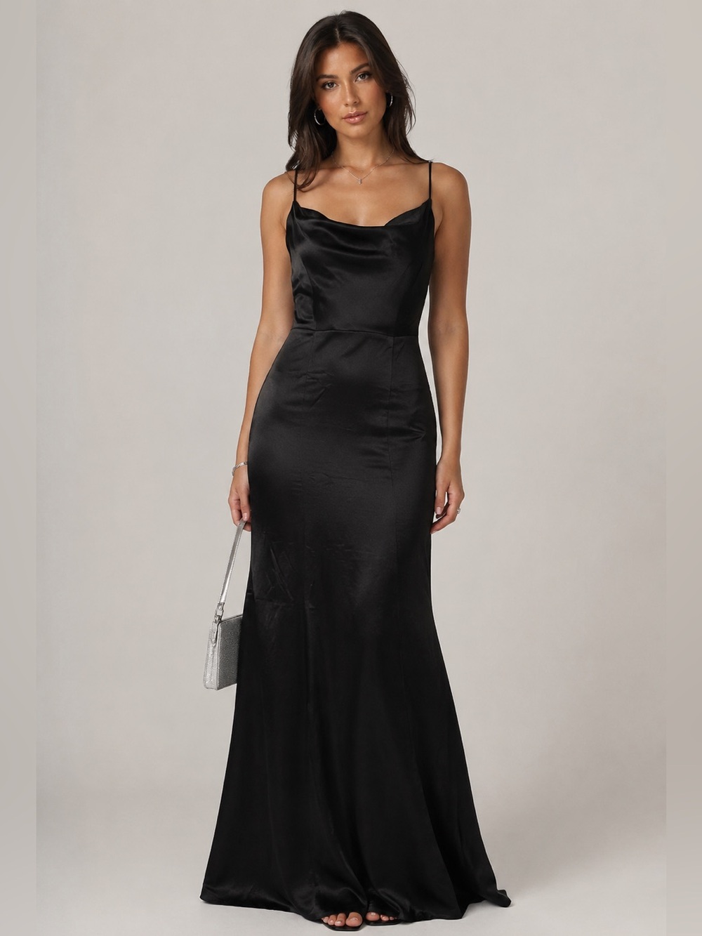 Amsale Midnight Black Satin Cowl-Neck Evening Gown